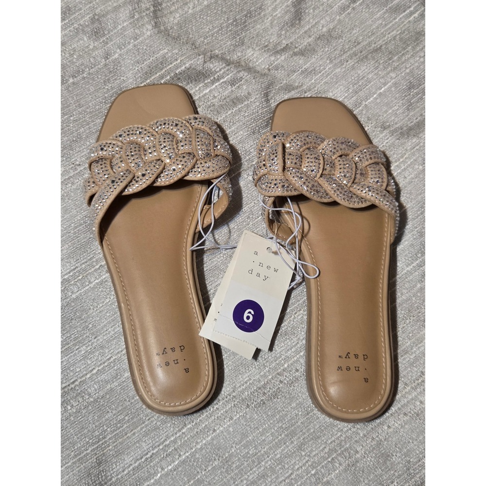 A New Day Womens Tan Braided Rhinestone Slide Sandals Square Toe Memory Foam 6